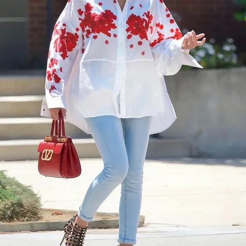 Load image into Gallery viewer, Women’s Loose High-low Hem Shirts Blouses Spring and Autumn 2025 Woman Long Sleeve Fashion Printed Elegant Tops Female

