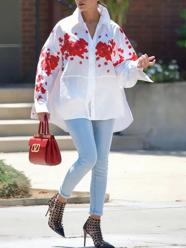 Women’s Loose High-low Hem Shirts Blouses Spring and Autumn 2025 Woman Long Sleeve Fashion Printed Elegant Tops Female