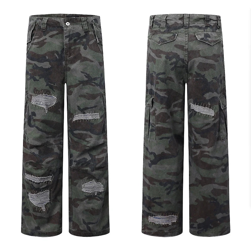 Men's Casual Pants New Summer Straight Wide Leg New American High Street Trendy Hole Design Male Loose Trousers 9W1888