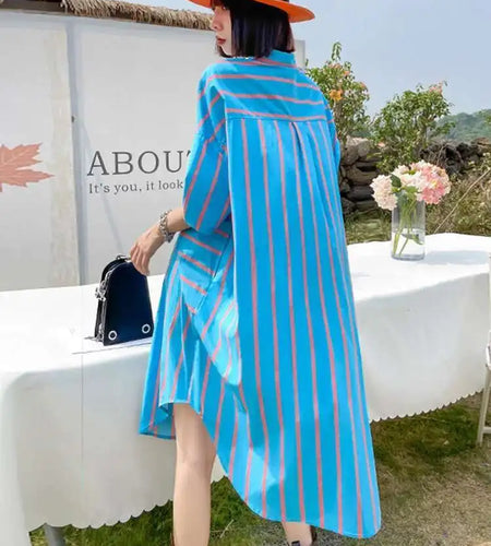 Women Blue Striped Bandage Big Size Knee-Length Shirt Dress New Lapel Long Sleeve Fashion Tide Spring Autumn 2025 1DH4539
