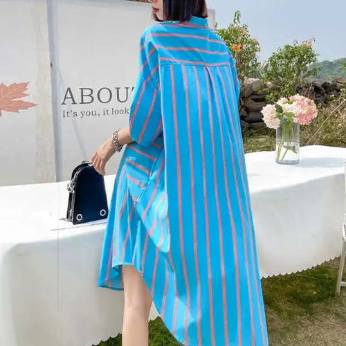 Load image into Gallery viewer, Women Blue Striped Bandage Big Size Knee-Length Shirt Dress New Lapel Long Sleeve Fashion Tide Spring Autumn 2025 1DH4539
