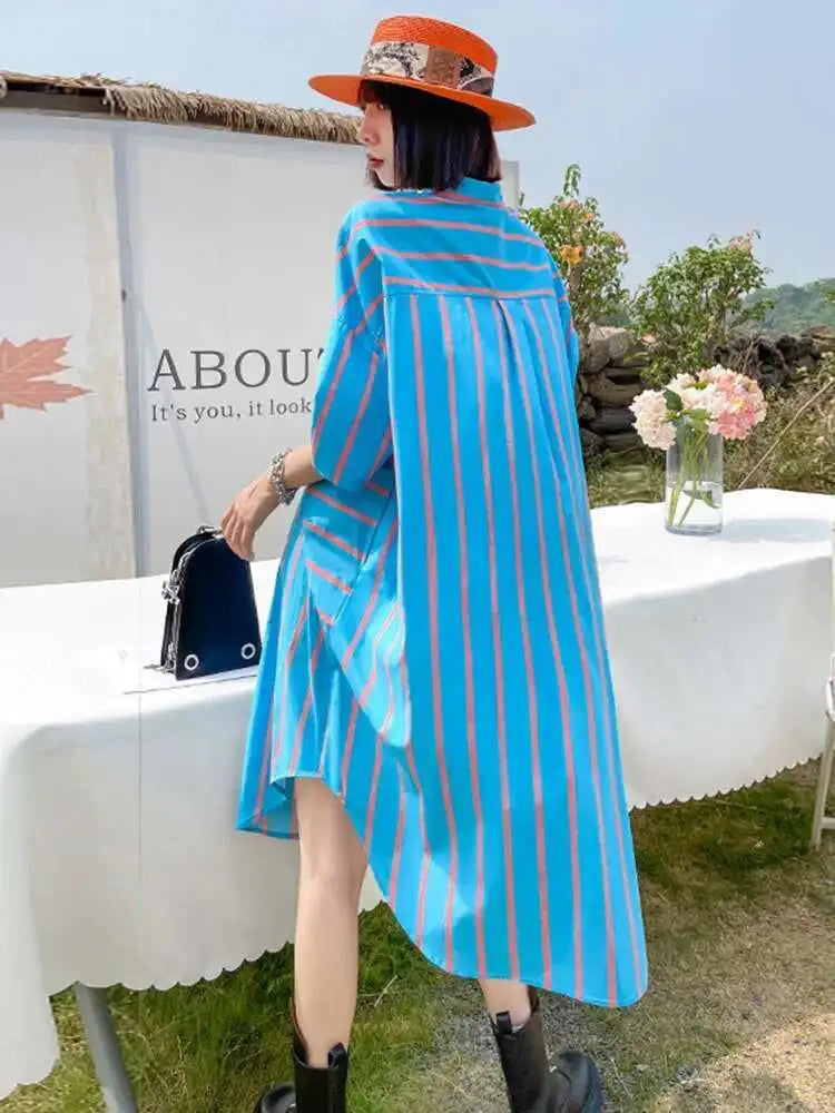 Women Blue Striped Bandage Big Size Knee-Length Shirt Dress New Lapel Long Sleeve Fashion Tide Spring Autumn 2025 1DH4539