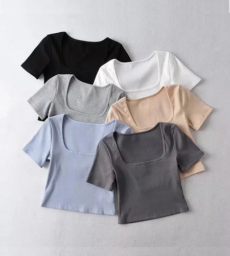 Women Square Neck Rib Crop T-shirt Short Sleeve Crop Top