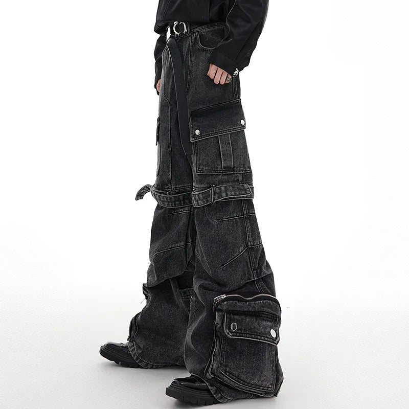 Multi-pocket Jeans Three-dimensional Lace-up Design Wide-leg Overalls Autumn Streetwear Black-grey Denim Pants 24X1350