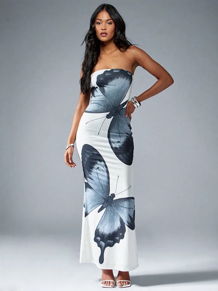 Off-shoulder Print Sexy Maxi Dress Women Summer New Strapless Sleeveless Backless High Waist Beach Holiday Long Dress