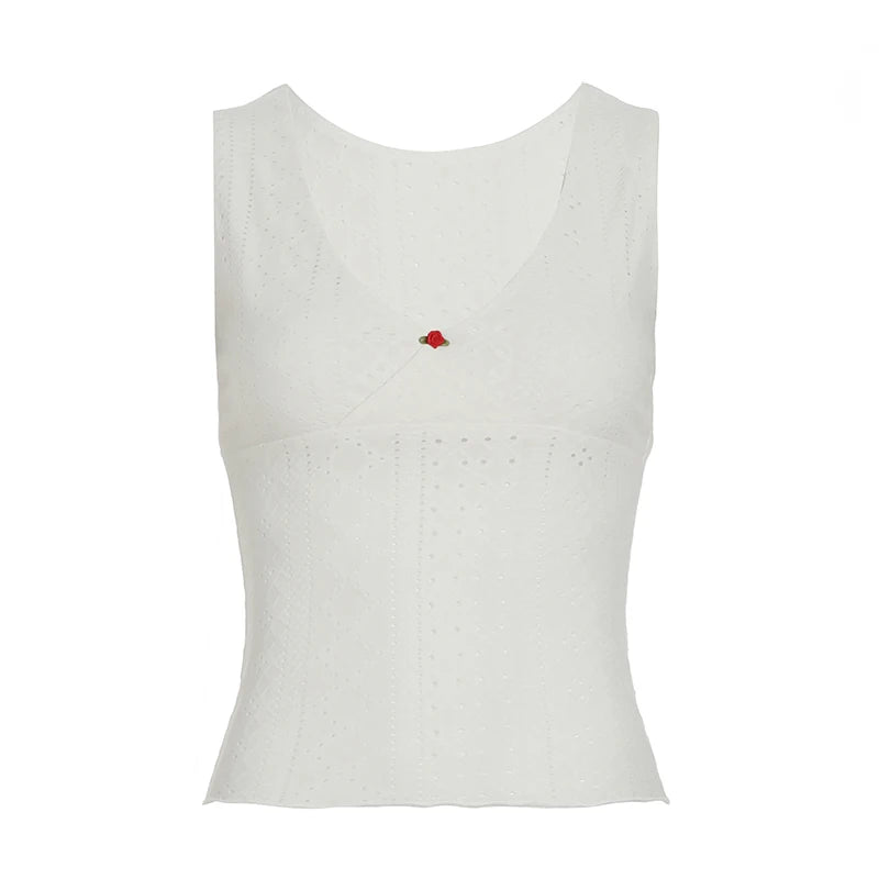 Cutecore Frill Trim With Appliques Mini Tank Tops Women Summer V-Neck Slimming Sexy Vest Chic Hollow Out Clothes New