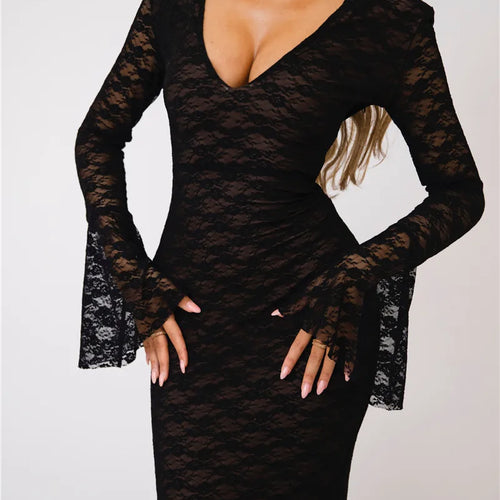 Load image into Gallery viewer, Elegant Lace Long Sleeve Sexy Maxi Dress For Women Fashion Deep V Neck Bodycon Party Club Sexy Long Dress Fashion
