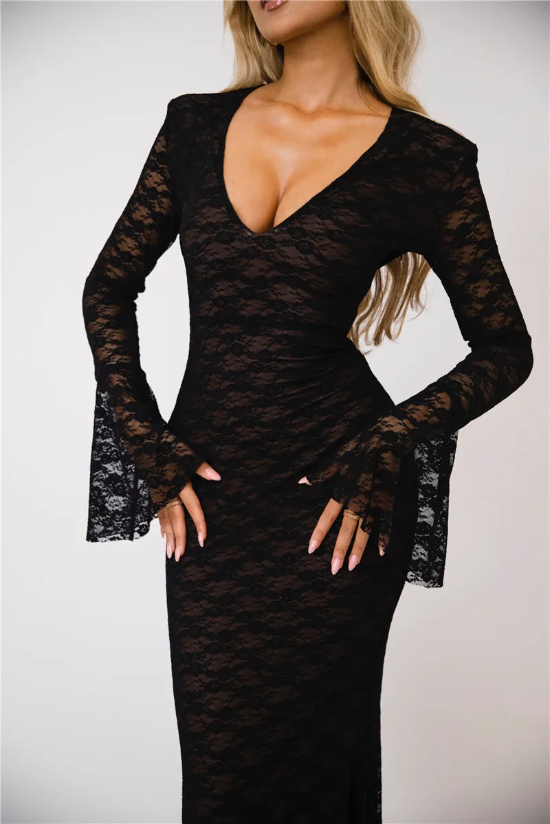 Elegant Lace Long Sleeve Sexy Maxi Dress For Women Fashion Deep V Neck Bodycon Party Club Sexy Long Dress Fashion