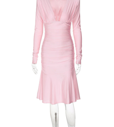 Fall Elegant Solid V Neck Long Sleeve Shoulder Pads Sexy Pleated Midi Dress Women Y2K Outfits Evening Party Festival