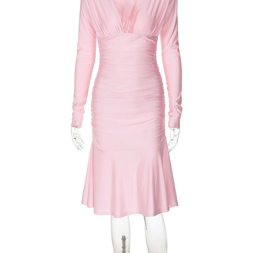 Load image into Gallery viewer, Fall Elegant Solid V Neck Long Sleeve Shoulder Pads Sexy Pleated Midi Dress Women Y2K Outfits Evening Party Festival
