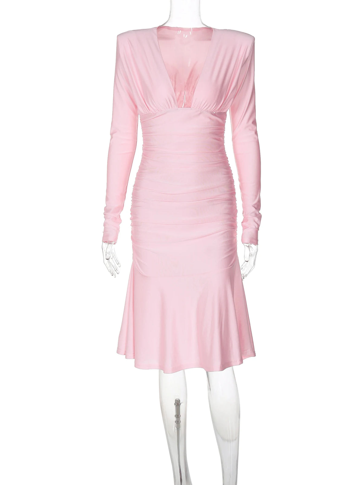 Fall Elegant Solid V Neck Long Sleeve Shoulder Pads Sexy Pleated Midi Dress Women Y2K Outfits Evening Party Festival