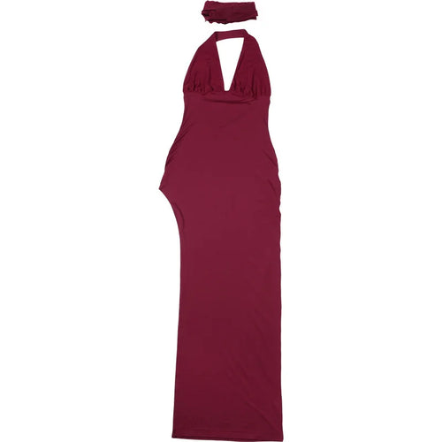 Load image into Gallery viewer, Scarf Collar Backless Sexy Maxi Dress Women Gown Fashion Halter Deep V Neck Thigh High Split Bodycon Long Dress
