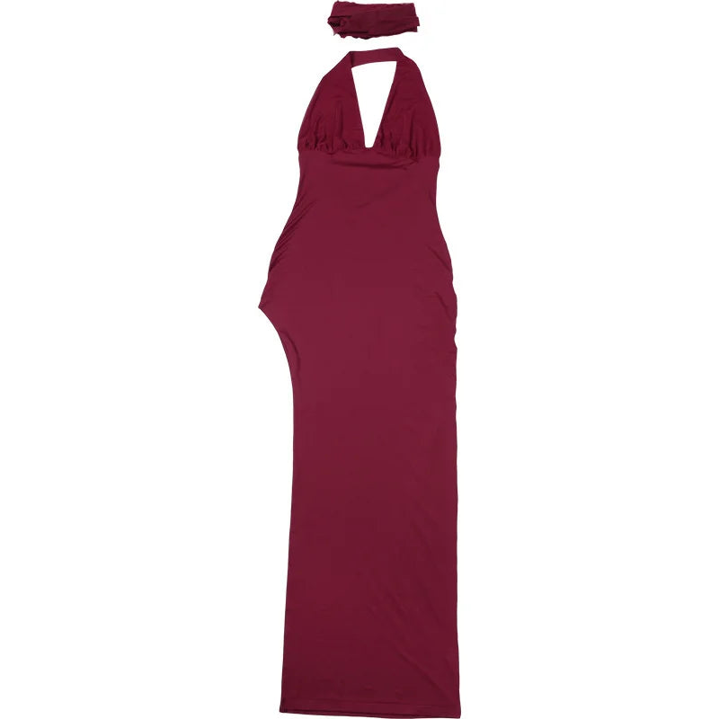 Scarf Collar Backless Sexy Maxi Dress Women Gown Fashion Halter Deep V Neck Thigh High Split Bodycon Long Dress