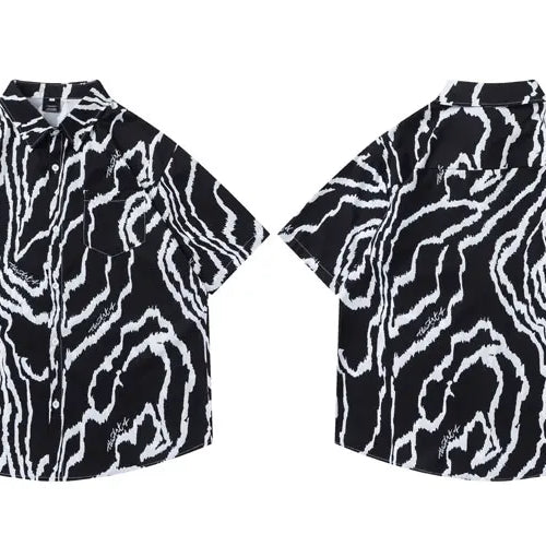 Load image into Gallery viewer, Vintage Hawaiian Shirts Irregular Stripes Graphic Printed Button Up Blouse Hip Hop Casual Baggy Short Sleeve Summer Beach Tops
