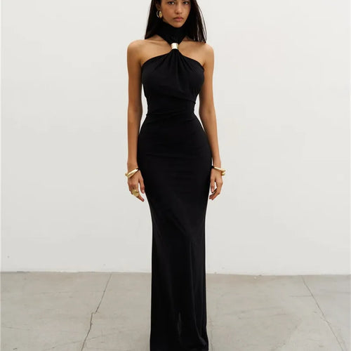 Load image into Gallery viewer, Turtleneck Off-shoulder Sexy Knit Maxi Dress For Women Gown Metal Buckle Strapless Sleeveless High Waist Knitted Dress
