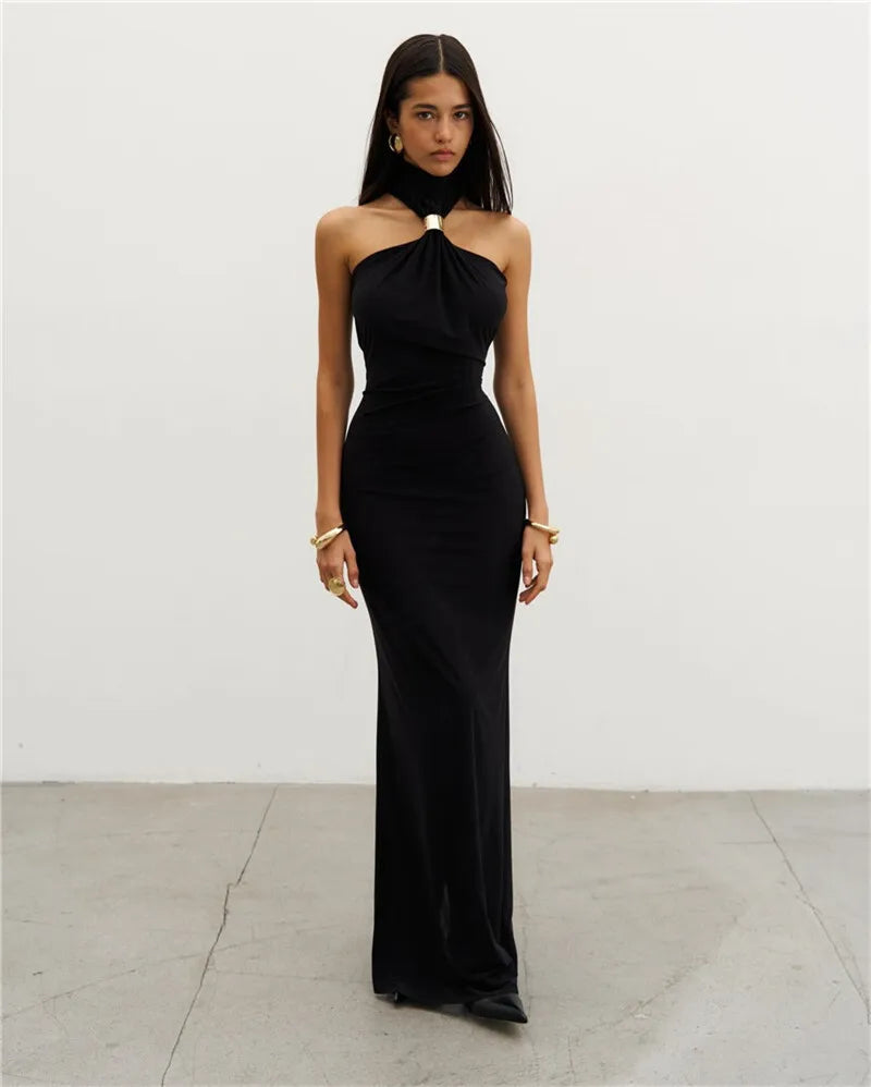 Turtleneck Off-shoulder Sexy Knit Maxi Dress For Women Gown Metal Buckle Strapless Sleeveless High Waist Knitted Dress