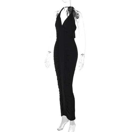 Load image into Gallery viewer, Halter Deep V Neck Sexy Maxi Dress For Women Gown Black Sleeveless Backless Bodycon Ruched Club Party Long Dress
