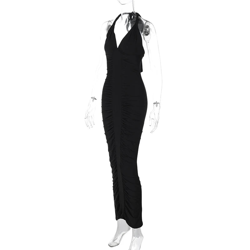 Halter Deep V Neck Sexy Maxi Dress For Women Gown Black Sleeveless Backless Bodycon Ruched Club Party Long Dress