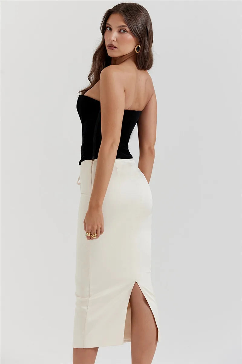 Elegant Sexy Skirt Two Piece Set Women Strapless Bandage Crop Top And Maxi Skirt Female Fashion Club Party Sexy Sets