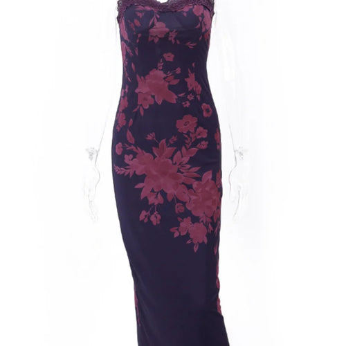 Load image into Gallery viewer, Purple Print Sexy Long Fishtail Dress For Women Robe New Spaghetti Strap Sleeveless Backless Ruched Maxi Dress Vestidos
