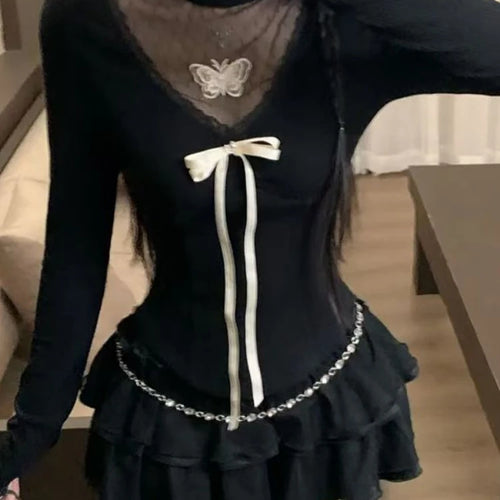 Load image into Gallery viewer, Harajuku Vintage Fairy Lace Patchwork Tees Y2k Aesthetic Slim Fit Women Sexy Butterfly T-shirt Streetwear Grunge Black Tshirts
