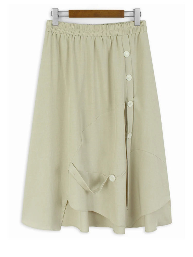 High Elastic Waist Apricot Button Ribbon Spliced A-line Half-body Skirt Women Fashion Tide New Spring Autumn 2025 1DJ1353