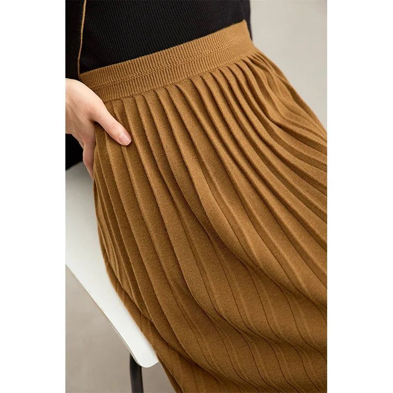 Minimalist 2024 Pleated Skirt for Women Clothing Autumn New Loose Elastic Waist Knitted Ankle-length A-line Skirts 12323091