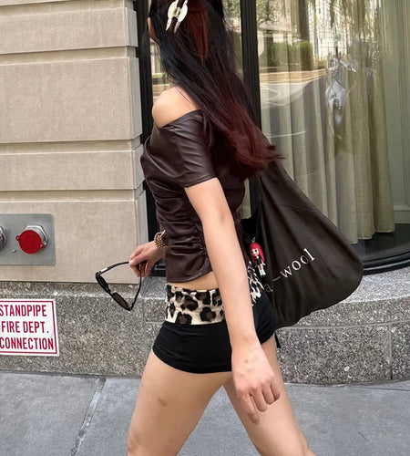 Faux Leather t-Shirt Women One Shoulder Irregular Hem Folds High Street Fashion Hottie Daily Simple Music Festival Tops