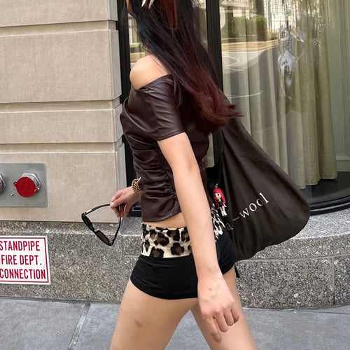 Load image into Gallery viewer, Faux Leather t-Shirt Women One Shoulder Irregular Hem Folds High Street Fashion Hottie Daily Simple Music Festival Tops
