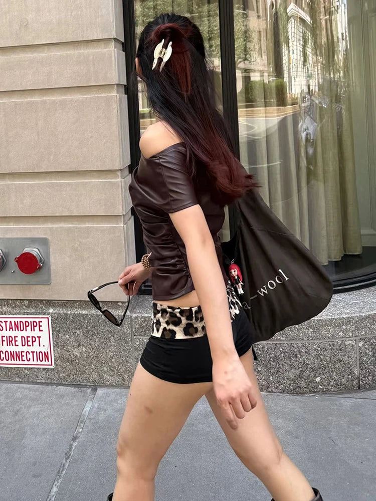 Faux Leather t-Shirt Women One Shoulder Irregular Hem Folds High Street Fashion Hottie Daily Simple Music Festival Tops