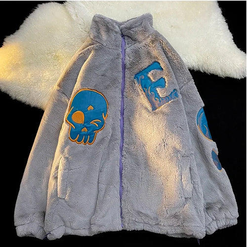 Load image into Gallery viewer, Korean Autumn Winter Women Y2k Jackets Coats 2025 Harajuku Lamb Woolen Coat Skull Embroidery Casual Loose Outwear
