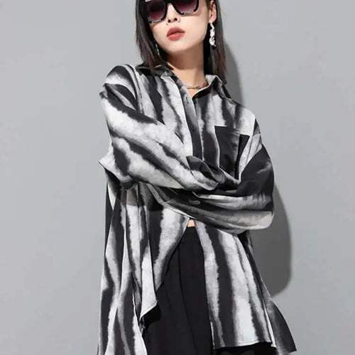 Load image into Gallery viewer, Women Striped Tie Dye Back Split Big Size Blouse New Lapel Long Sleeve Loose Fit Shirt Fashion Spring Autumn 2025 1DF6518
