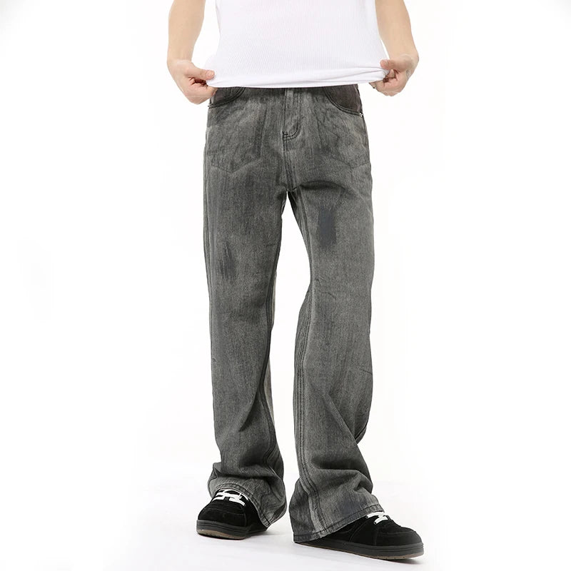 Male Grey Black Denim Pants New Worn-out Washed Loose Straight Wide Leg Boot Cut Men‘s Jeans Summer Fashion 9C6682