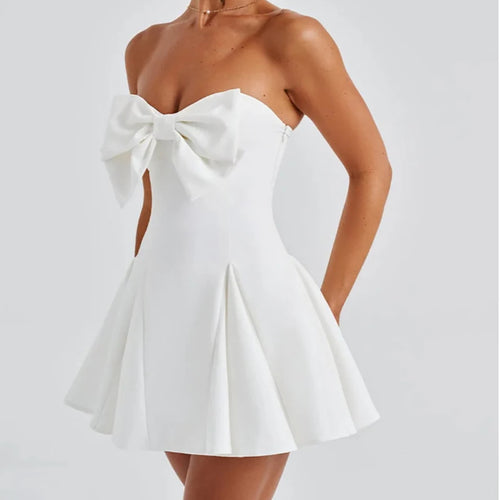 Load image into Gallery viewer, Bow Strapless Backless Sexy Mini Dress For Women Robe Fashion Solid Off-shoulder Sleeveless A-line Club Dress Vestido
