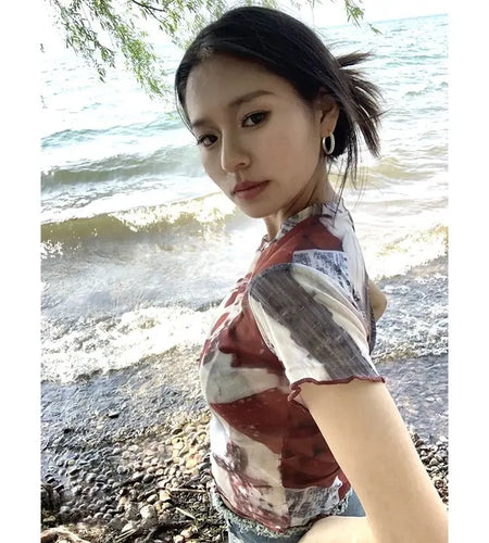 Gauze Print T Shirts Women's Clothes Slim Fit See Through Tees Y2k Tops Casual Fashion Sexy T Shirts Summer Camisetas Ropa Mujer