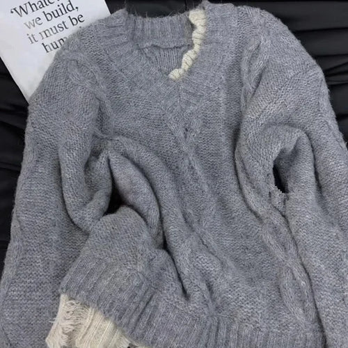 Load image into Gallery viewer, Autumn Winter Red Patchwork Elegant Warm Short Knitted Sweater Korean Women's Grey V-neck Long Sleeved Office Pullover Tops Chic
