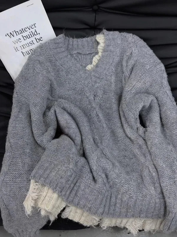 Autumn Winter Red Patchwork Elegant Warm Short Knitted Sweater Korean Women's Grey V-neck Long Sleeved Office Pullover Tops Chic