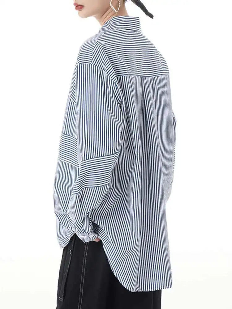 Women Blue Striped Big Size Casual Blouse New Lapel Long Sleeve Loose Fit Shirt Fashion Tide Spring Autumn 2025  1DH2926