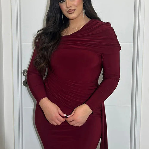 Load image into Gallery viewer, Elegant Long Sleeve Slanted Shoulder Party Club Evening Dress For Women 2025 New Dress Sexy Shrink Fold Winter Vestidos
