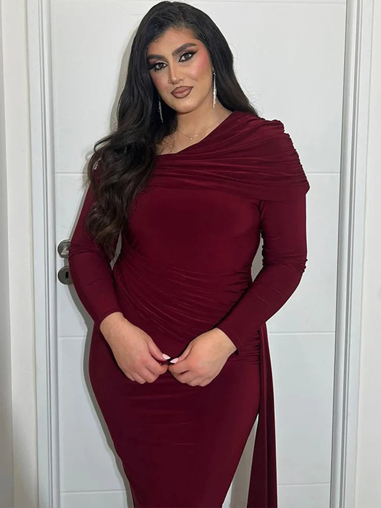 Elegant Long Sleeve Slanted Shoulder Party Club Evening Dress For Women 2025 New Dress Sexy Shrink Fold Winter Vestidos