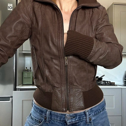 Load image into Gallery viewer, Streetwear Zip Up PU Leather Jacket For Women Motorcycle Style Pockets Brown Autumn Winter Coats Outwear Vintage New
