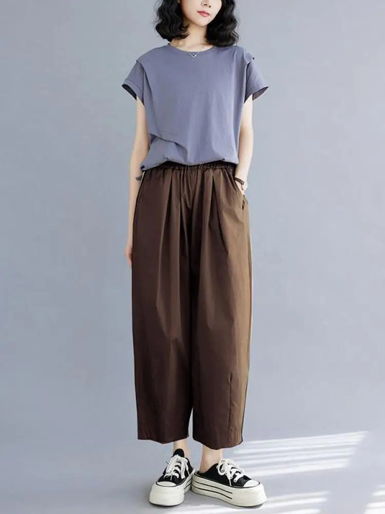 Korean Version Women Summer Black Beige Casual Loose Elastic High Waist Cotton Pocket Ankle-length Harem Pant Brown Oversized