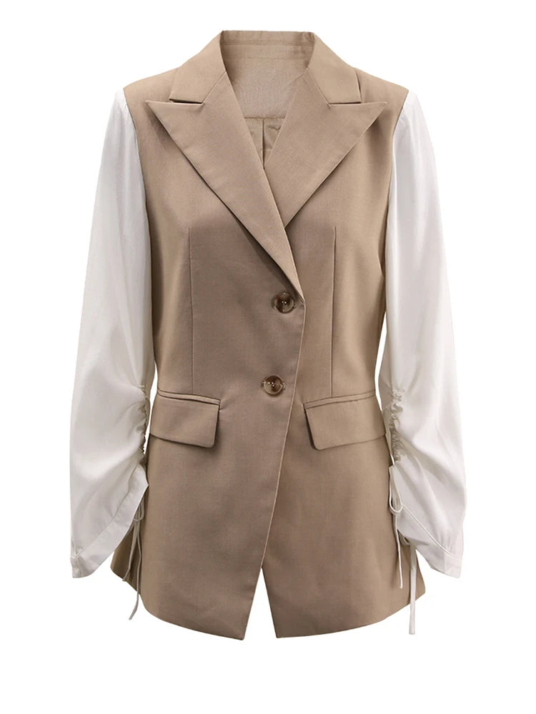 Women Khaki Drawstring Color-block Elegant Blazer New Lapel Long Sleeve Jacket Fashion Tide Spring Autumn 2025 CPDB162