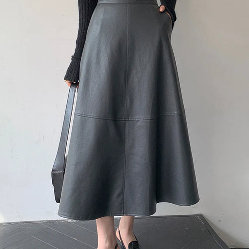 Load image into Gallery viewer, PU Leather Skirt For Women High Waist A Line Patchwork Solid Minimalist Midi Skirts Female Clothing Summer
