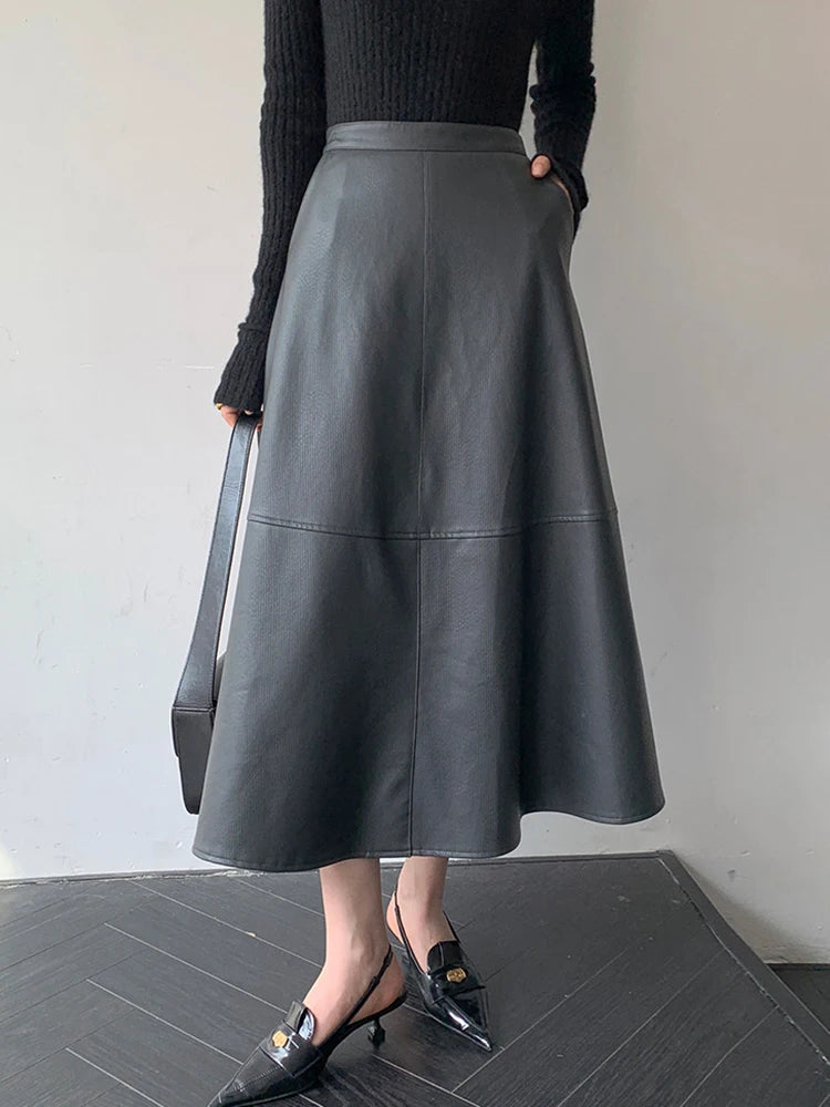 PU Leather Skirt For Women High Waist A Line Patchwork Solid Minimalist Midi Skirts Female Clothing Summer