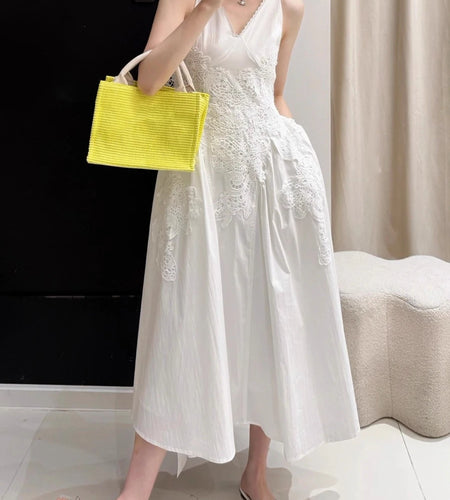 Solid Spliced Appliques Elegant Dresses for Women V Neck Sleeveless Patchwork Folds Long Dress Female Clothing New