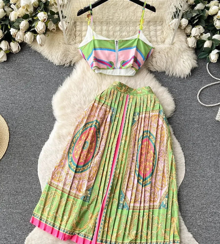 Summer Sexy Baroque Chain Two Piece Set Women's Simple Metal Buckle Embroidery Bra Spaghetti Strap Crop Top + Pleated Midi Skirt