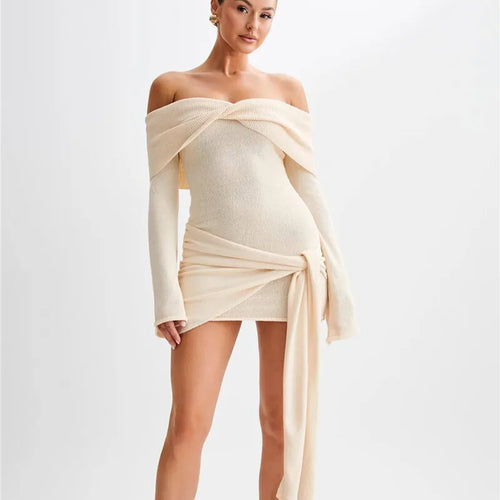 Load image into Gallery viewer, Off-shoulder Knit Mini Dress For Women Autumn Winter New Strapless Backless Long Sleeve Ruched Draped Knitted Dress
