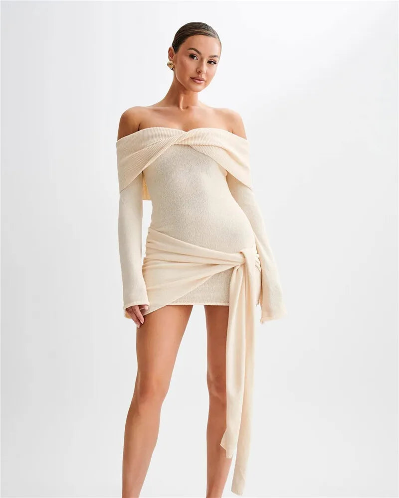 Off-shoulder Knit Mini Dress For Women Autumn Winter New Strapless Backless Long Sleeve Ruched Draped Knitted Dress