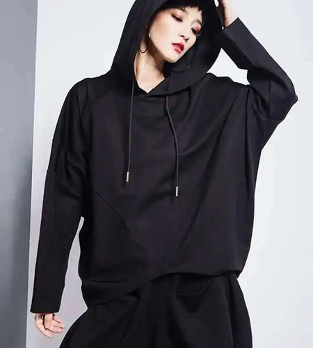 Black Irregular Hem Short Sweatshirt New Hooded Long Sleeve Women Big Size Fashion Tide Spring Autumn 2025 1DH7063